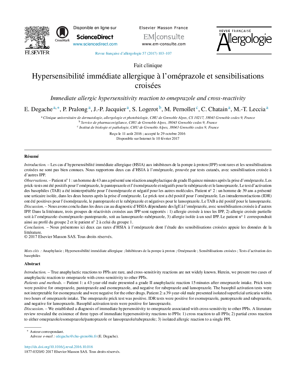 Hypersensibilité immédiate allergique Ã  l'oméprazole et sensibilisations croisées