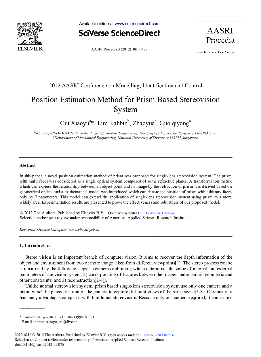 عکس صفحه اول مقاله: Position Estimation Method for Prism Based Stereovision System Position Estimation Method for Prism Based Stereovision System