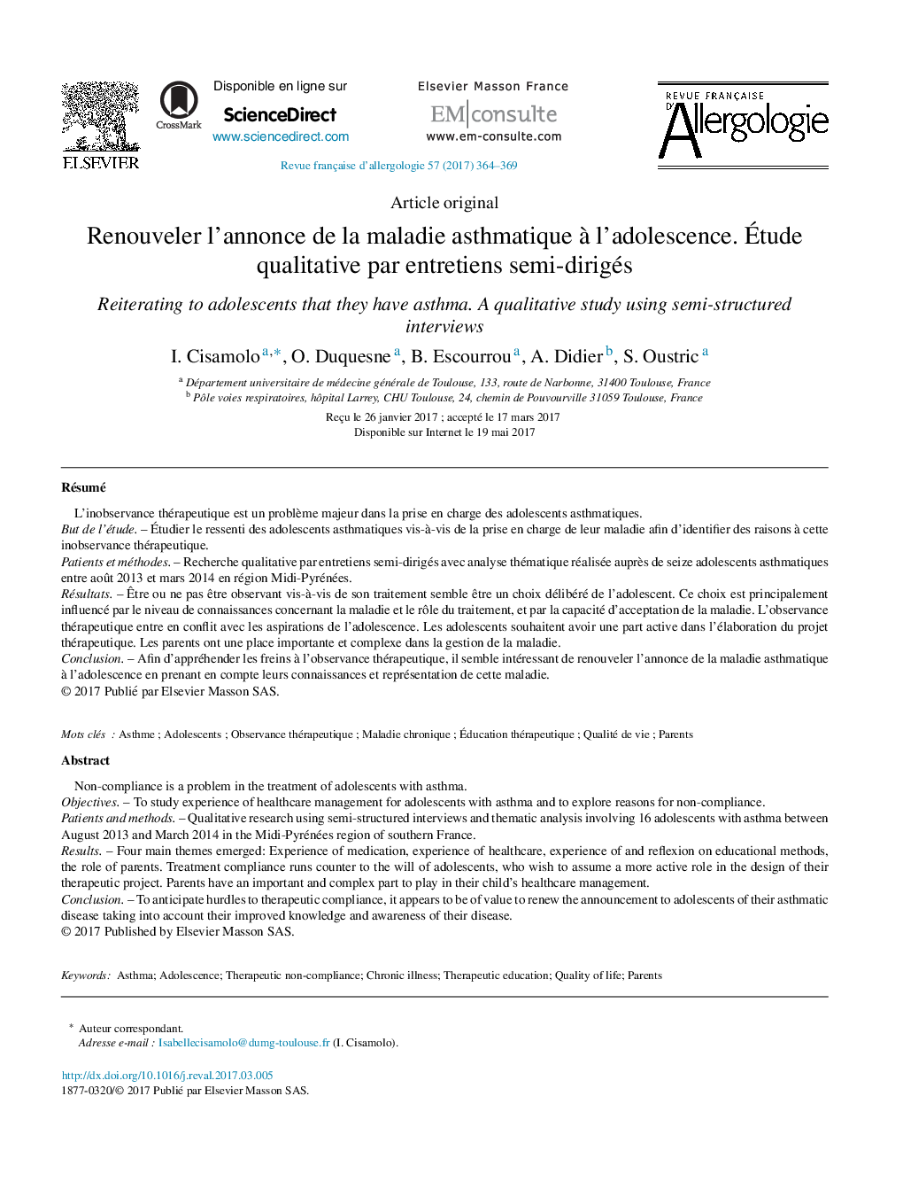 Renouveler l'annonce de la maladie asthmatique Ã  l'adolescence. Ãtude qualitative par entretiens semi-dirigés