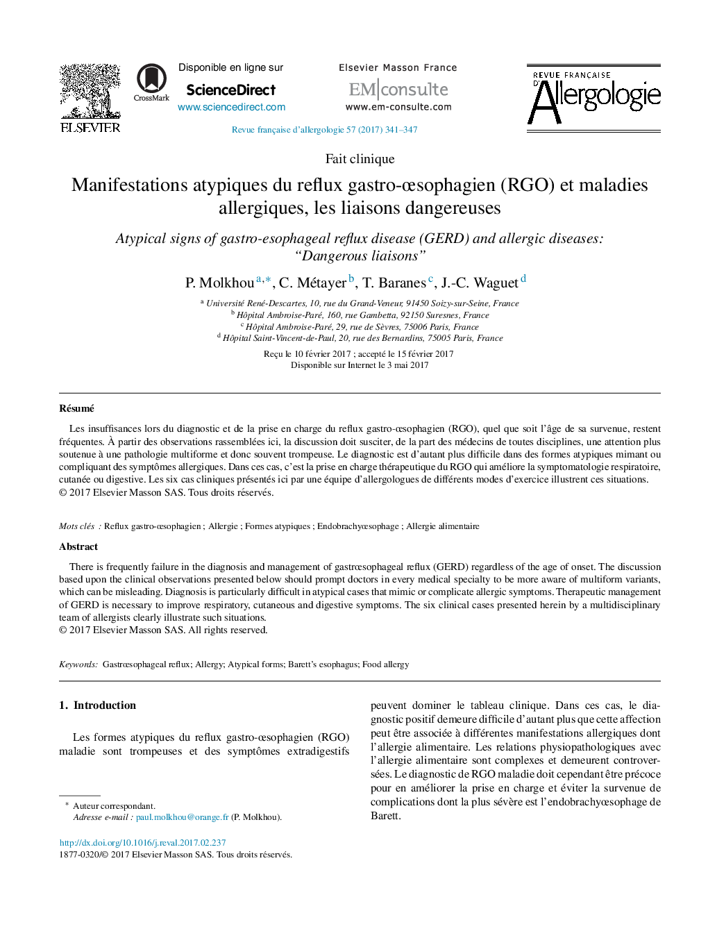 Manifestations atypiques du reflux gastro-Åsophagien (RGO) et maladies allergiques, les liaisons dangereuses