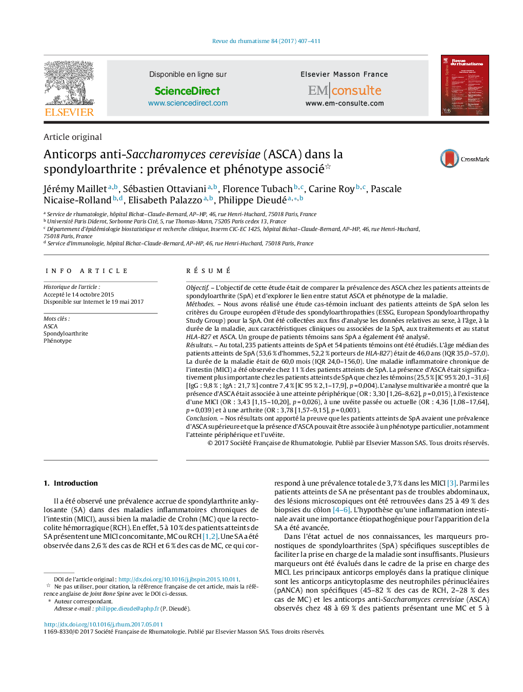 Anticorps anti-Saccharomyces cerevisiae (ASCA) dans la spondyloarthriteÂ : prévalence et phénotype associé