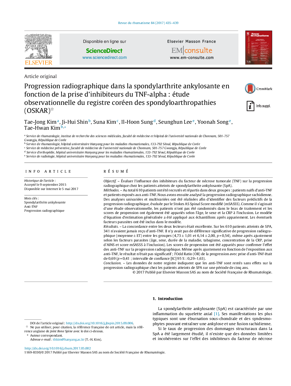 Progression radiographique dans la spondylarthrite ankylosante en fonction de la prise d'inhibiteurs du TNF-alphaÂ : étude observationnelle du registre coréen des spondyloarthropathies (OSKAR)