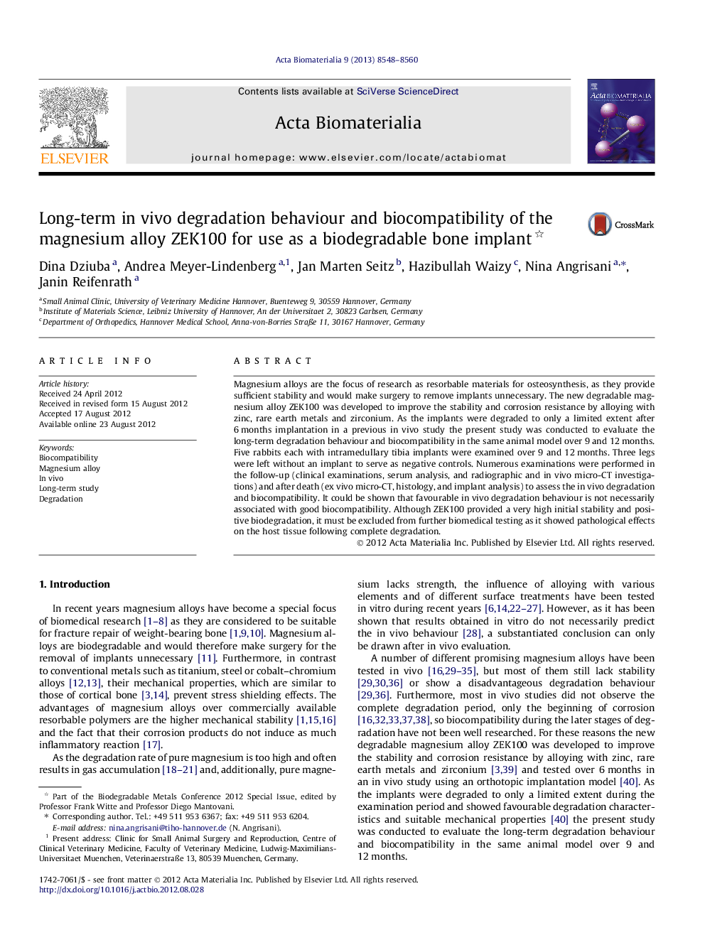 Long-term in vivo degradation behaviour and biocompatibility of the magnesium alloy ZEK100 for use as a biodegradable bone implant 