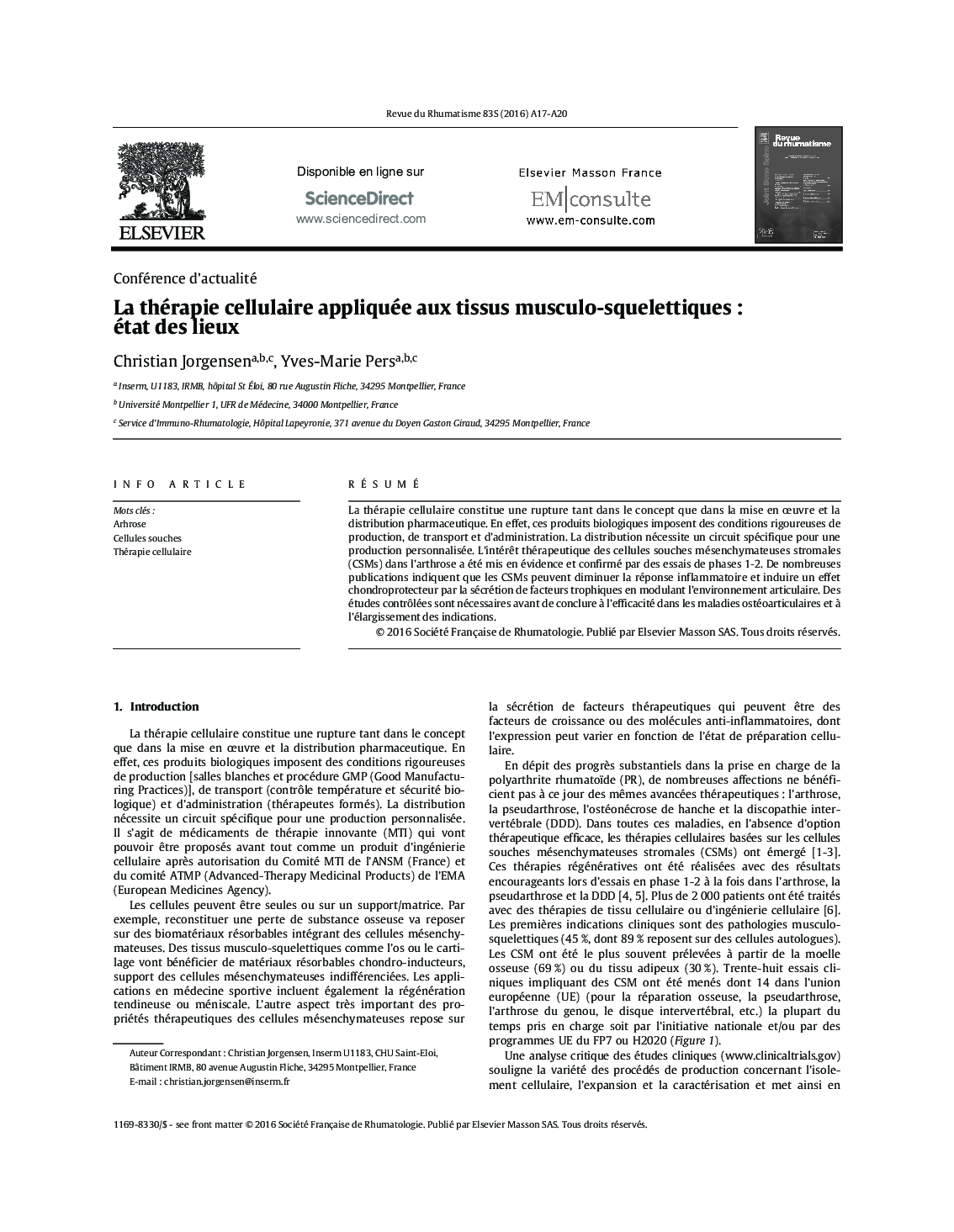 CA.2 - La thérapie cellulaire appliquée aux tissus musculo-squelettiquesÂ : état des lieux