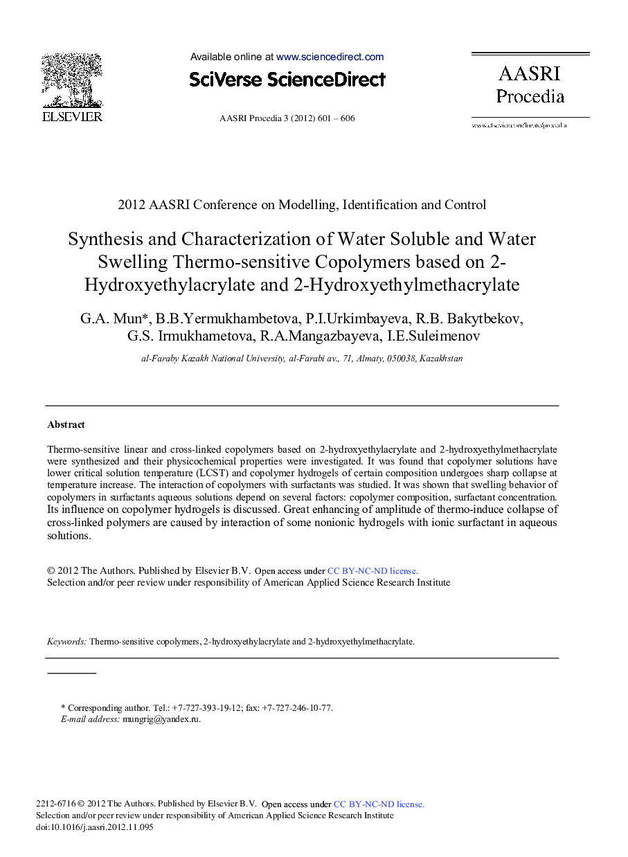 Synthesis and Characterization of Water Soluble and Water Swelling Thermo-sensitive Copolymers based on 2- Hydroxyethylacrylate and 2-Hydroxyethylmethacrylate 