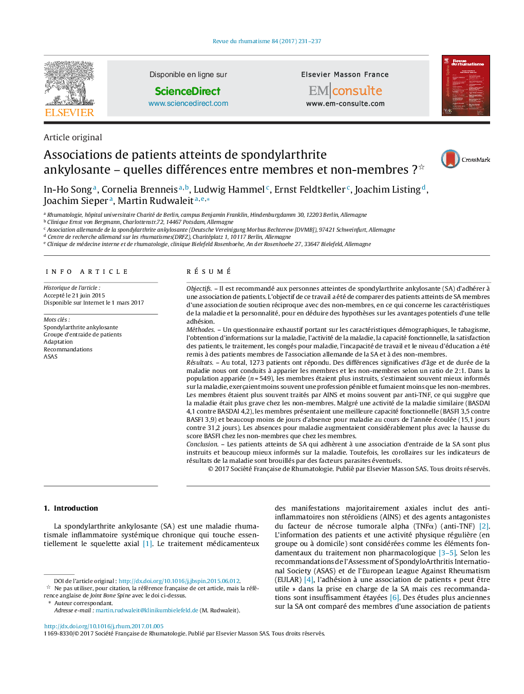 Associations de patients atteints de spondylarthrite ankylosanteÂ -Â quelles différences entre membres et non-membresÂ ?