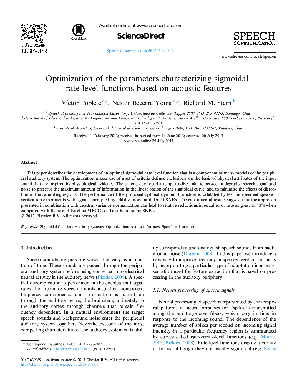 Optimization of the parameters characterizing sigmoidal rate-level functions based on acoustic features