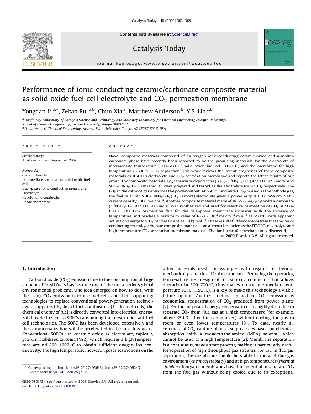 Performance of ionic-conducting ceramic/carbonate composite material as solid oxide fuel cell electrolyte and CO2 permeation membrane