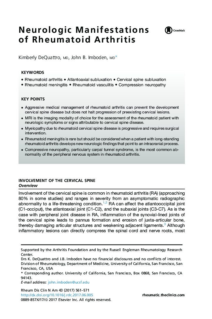 Neurologic Manifestations of Rheumatoid Arthritis