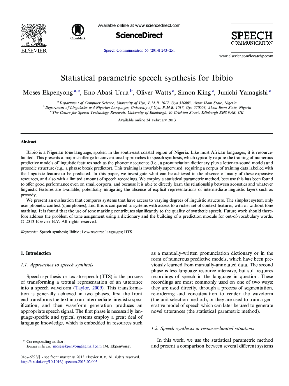 Statistical parametric speech synthesis for Ibibio