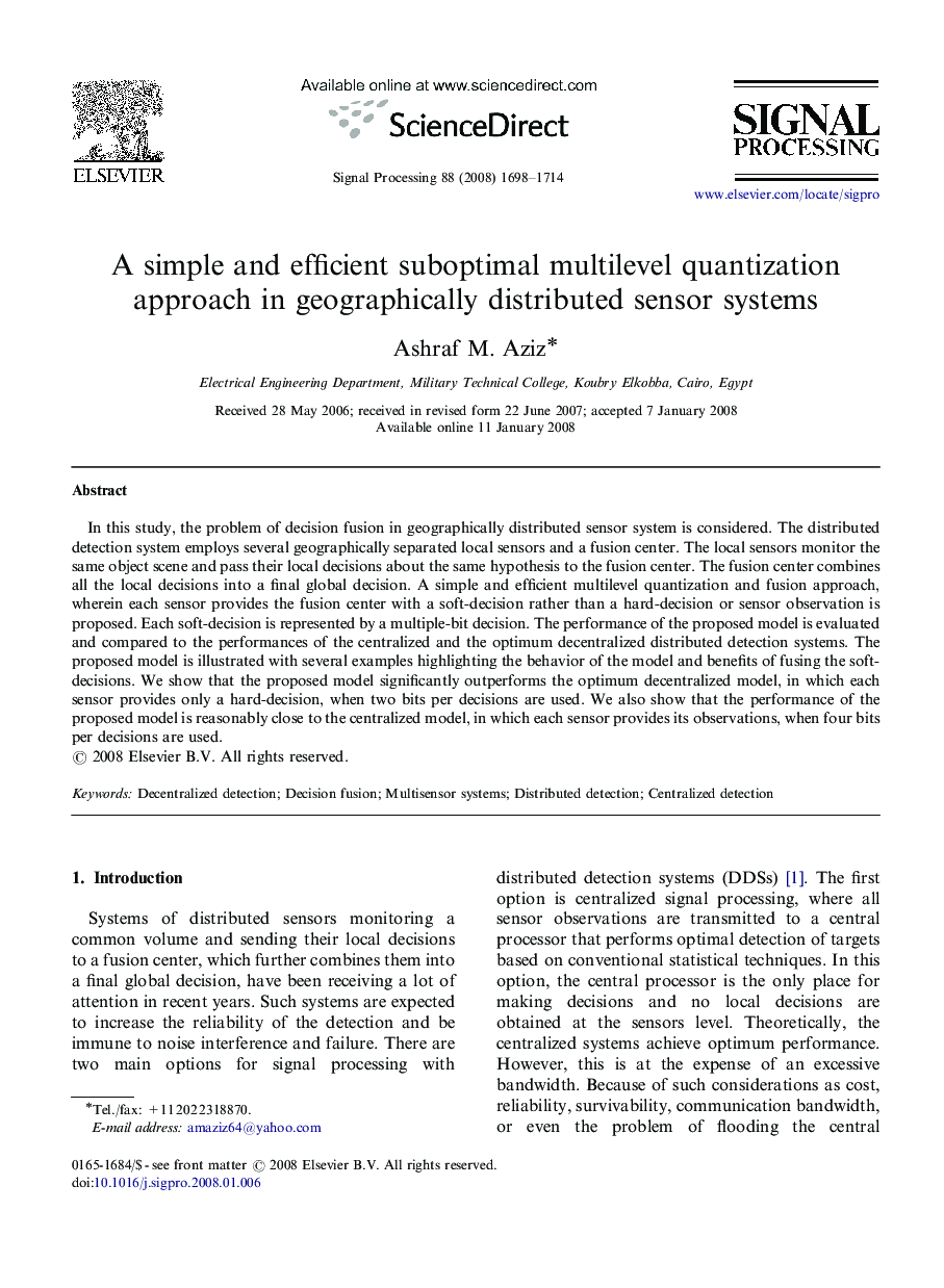 A simple and efficient suboptimal multilevel quantization approach in geographically distributed sensor systems