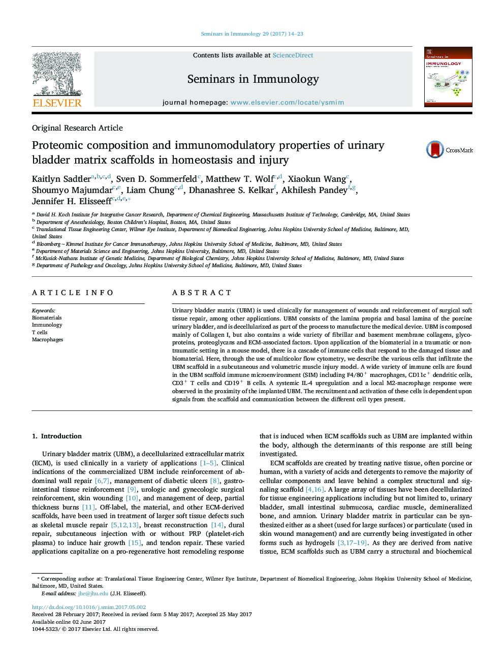 Proteomic composition and immunomodulatory properties of urinary bladder matrix scaffolds in homeostasis and injury