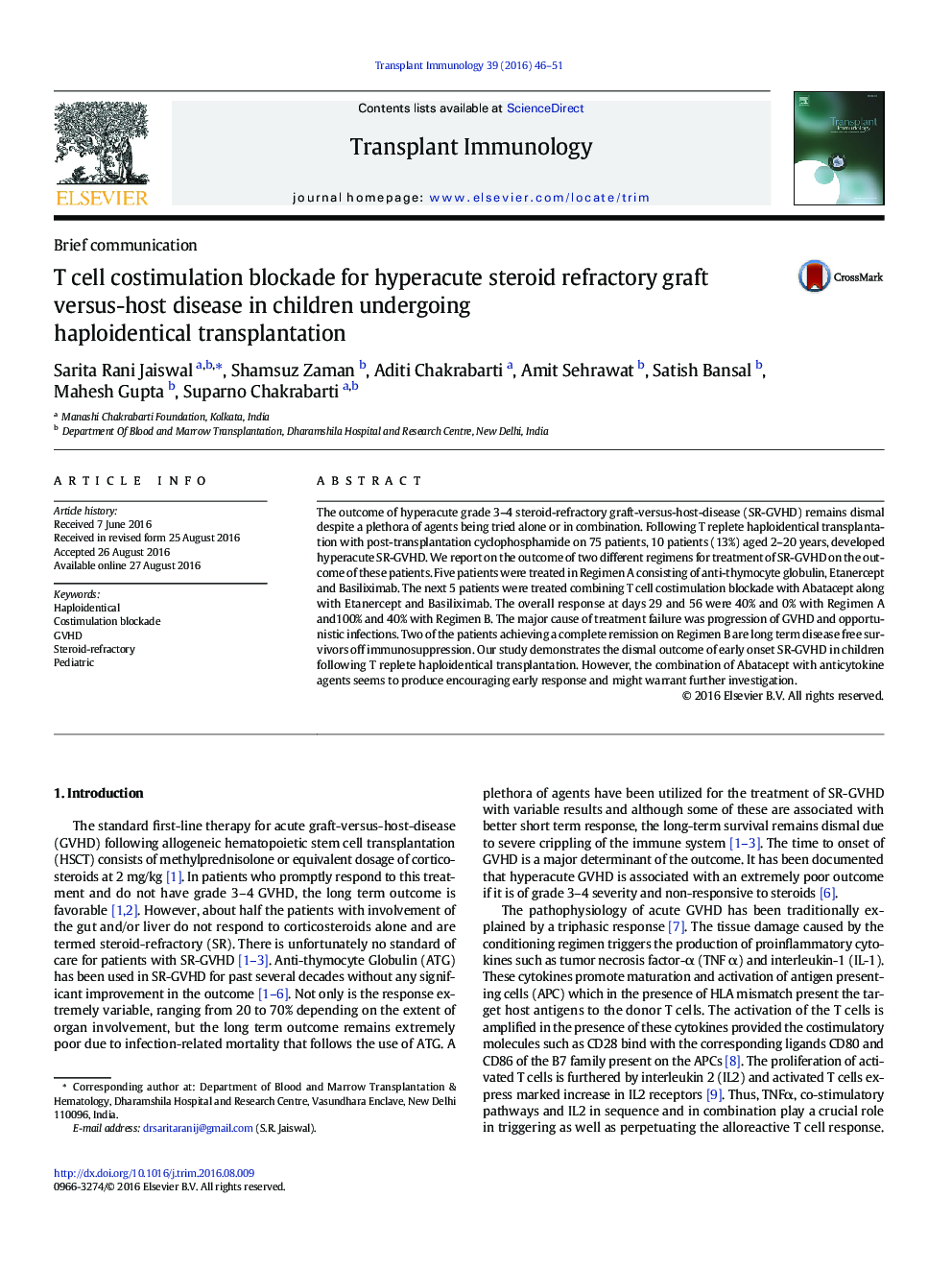T cell costimulation blockade for hyperacute steroid refractory graft versus-host disease in children undergoing haploidentical transplantation