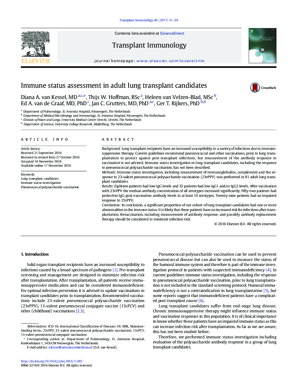 Immune status assessment in adult lung transplant candidates