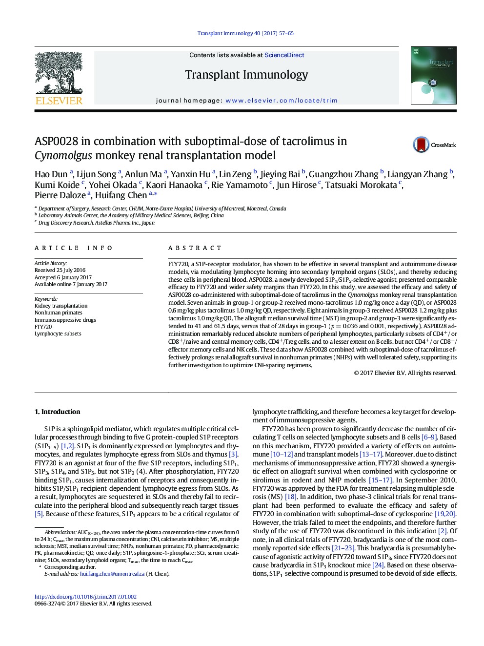 ASP0028 in combination with suboptimal-dose of tacrolimus in Cynomolgus monkey renal transplantation model