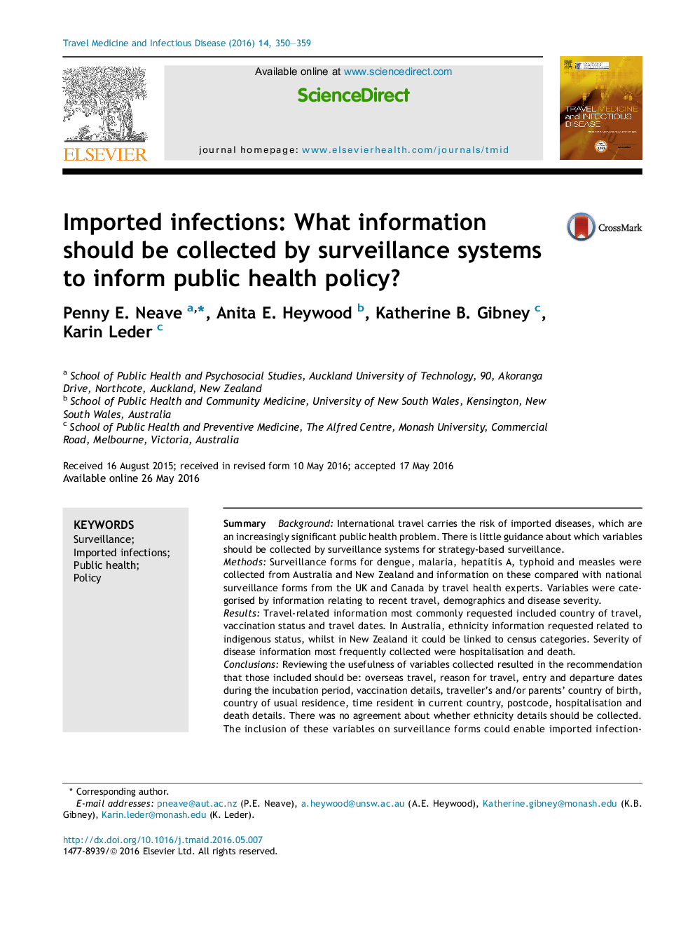 Imported infections: What information should be collected by surveillance systems to inform public health policy?