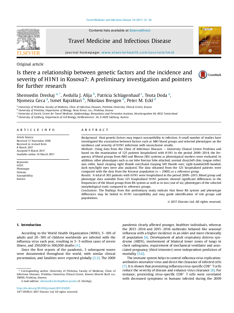 Is there a relationship between genetic factors and the incidence and severity of H1N1 in Kosova?: A preliminary investigation and pointers for further research