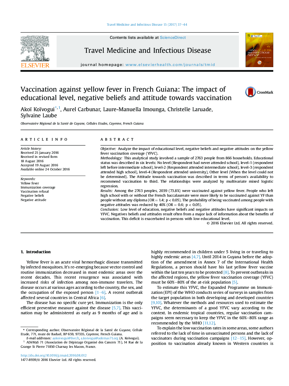 Vaccination against yellow fever in French Guiana: The impact of educational level, negative beliefs and attitude towards vaccination