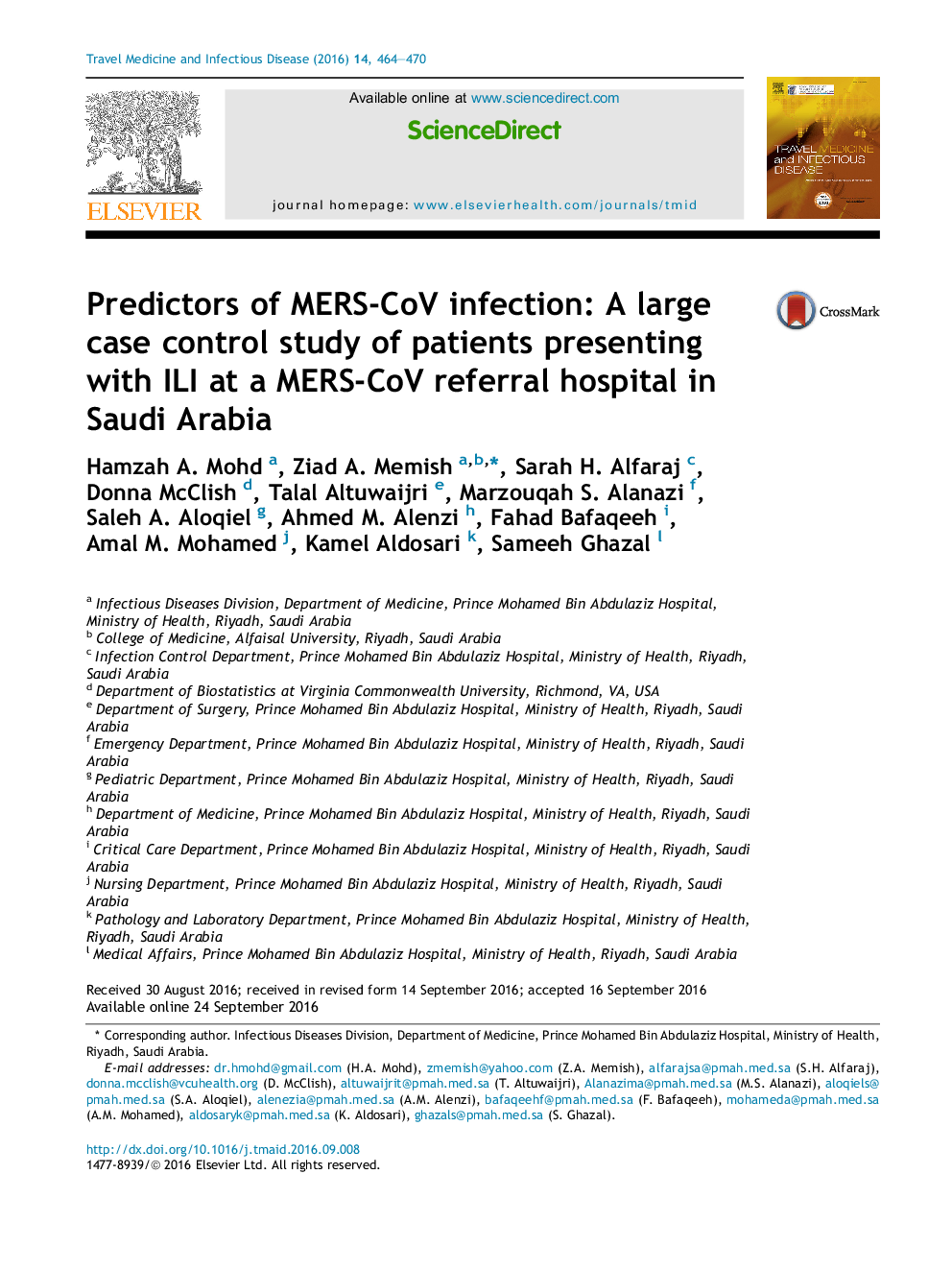 Predictors of MERS-CoV infection: A large case control study of patients presenting with ILI at a MERS-CoV referral hospital in Saudi Arabia