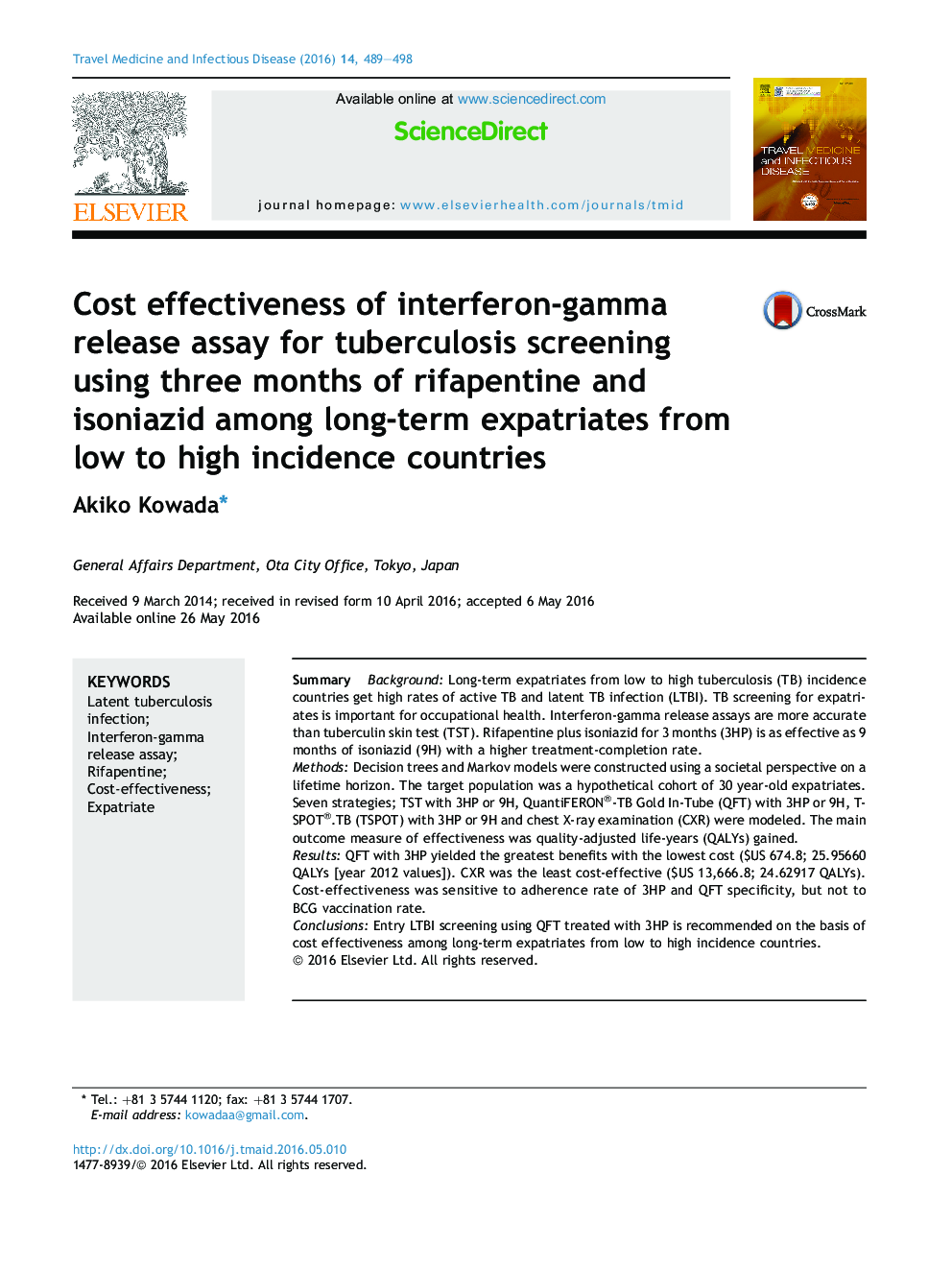 Cost effectiveness of interferon-gamma release assay for tuberculosis screening using three months of rifapentine and isoniazid among long-term expatriates from low to high incidence countries