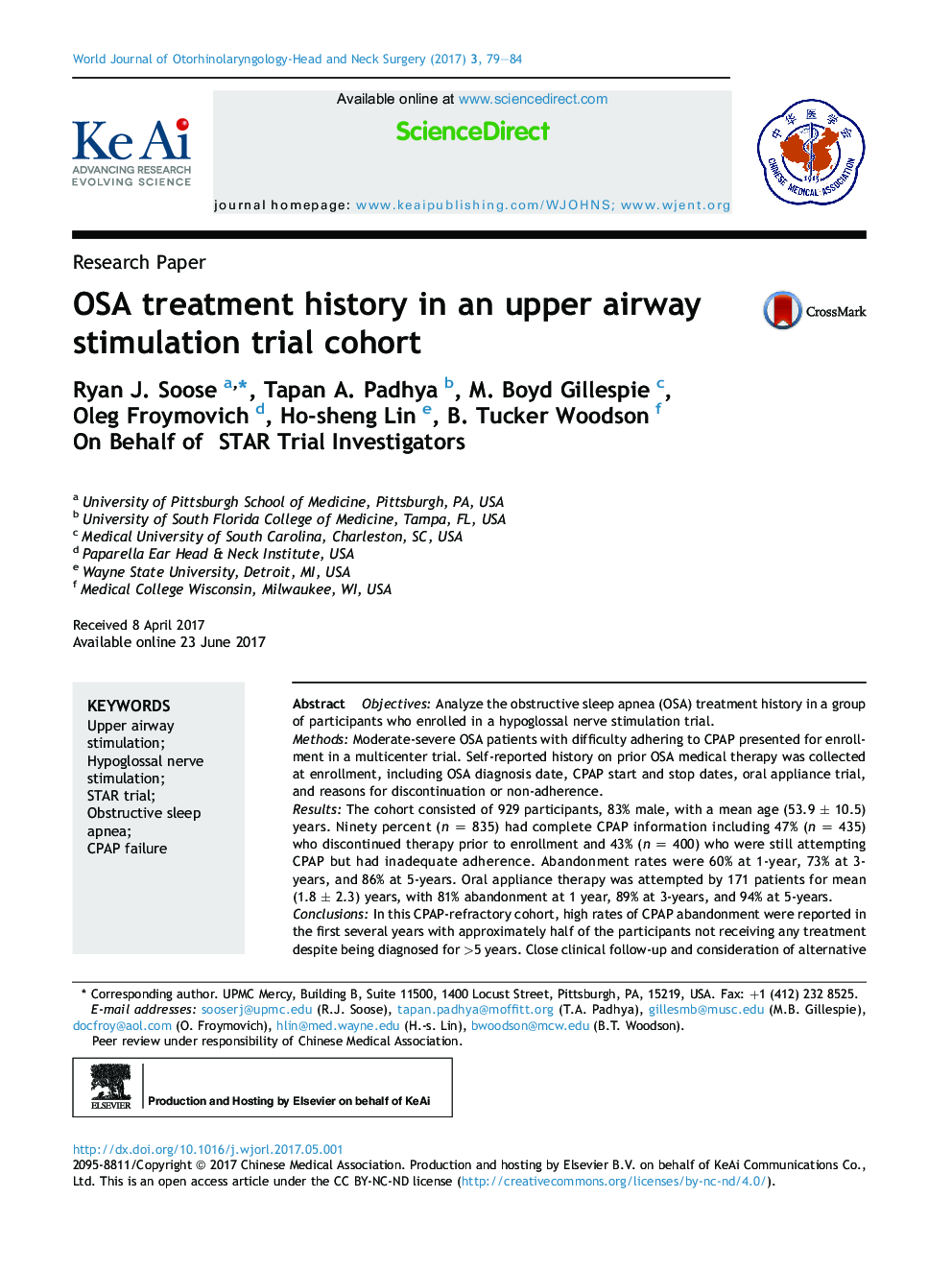 OSA treatment history in an upper airway stimulation trial cohort