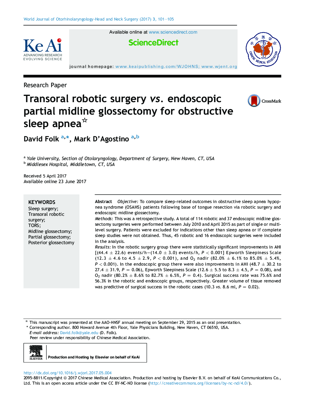 Transoral robotic surgery vs. endoscopic partial midline glossectomy for obstructive sleep apnea