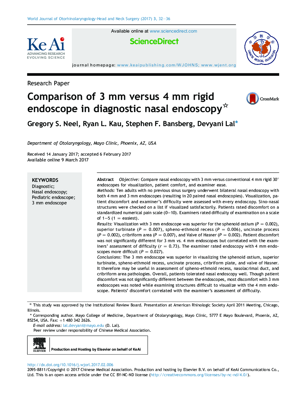 Comparison of 3Â mm versus 4Â mm rigid endoscope in diagnostic nasal endoscopy