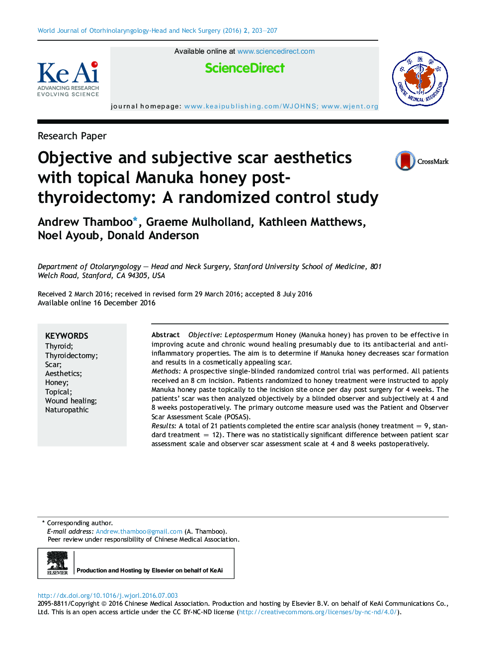 Objective and subjective scar aesthetics with topical Manuka honey post-thyroidectomy: A randomized control study