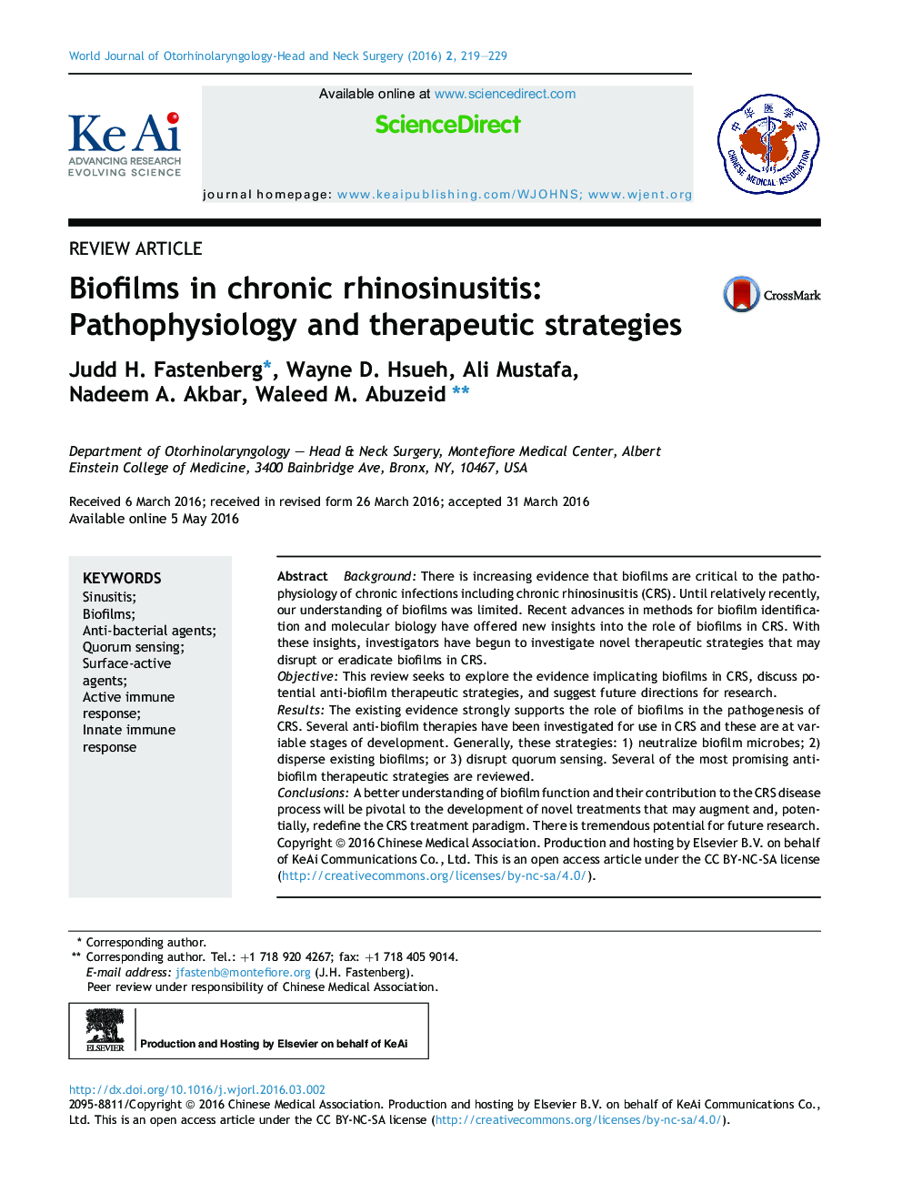 Biofilms in chronic rhinosinusitis: Pathophysiology and therapeutic strategies