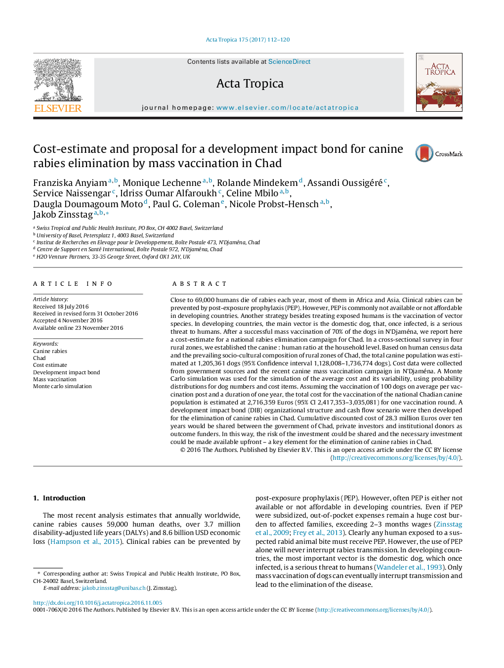 Cost-estimate and proposal for a development impact bond for canine rabies elimination by mass vaccination in Chad