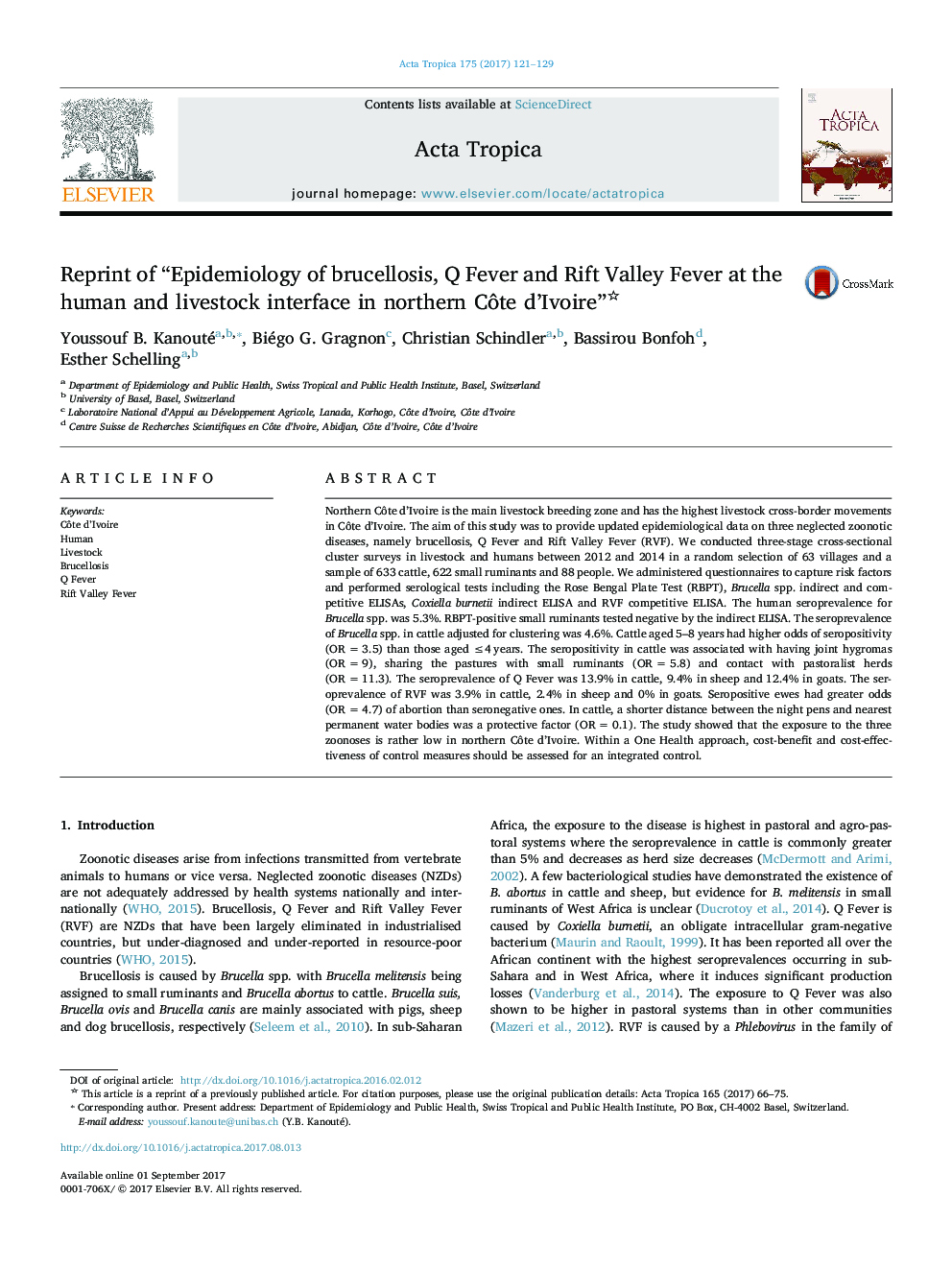 Reprint of “Epidemiology of brucellosis, Q Fever and Rift Valley Fever at the human and livestock interface in northern CÃ´te d'Ivoire”