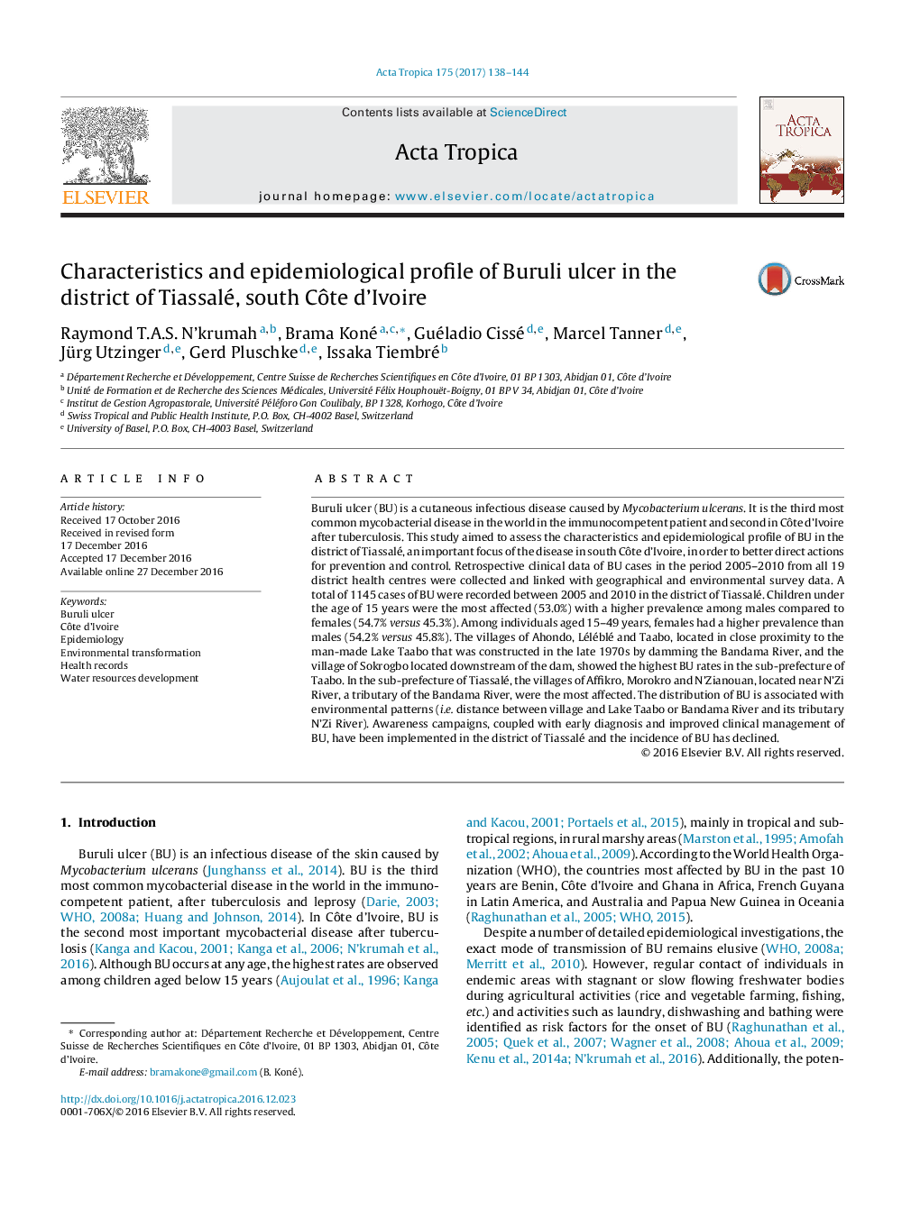 Characteristics and epidemiological profile of Buruli ulcer in the district of Tiassalé, south CÃ´te d'Ivoire