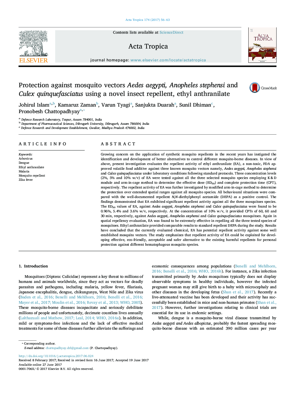 Protection against mosquito vectors Aedes aegypti, Anopheles stephensi and Culex quinquefasciatus using a novel insect repellent, ethyl anthranilate