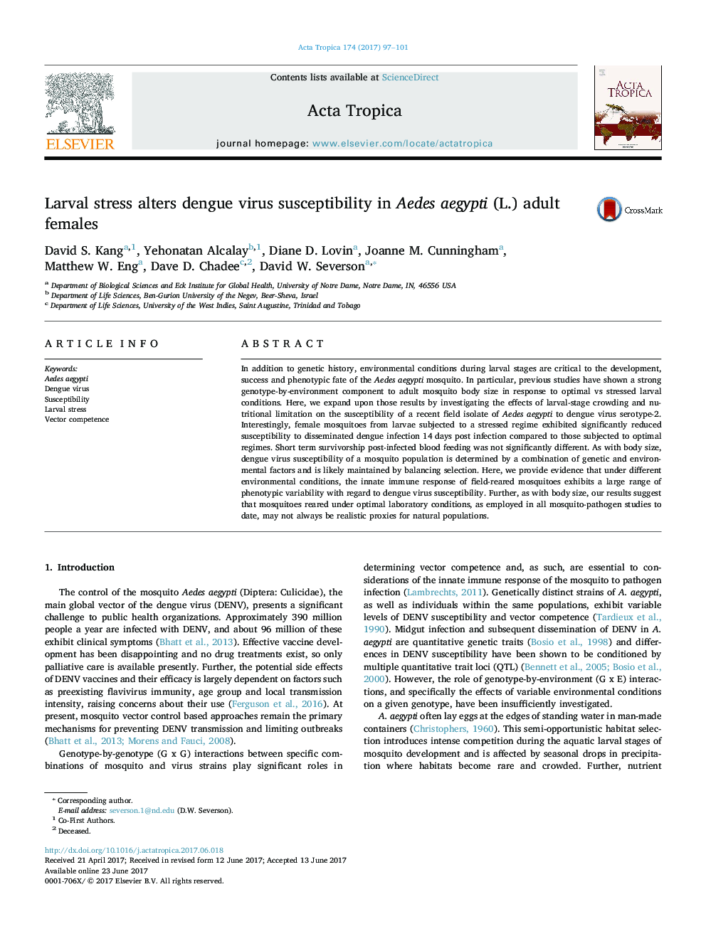 Larval stress alters dengue virus susceptibility in Aedes aegypti (L.) adult females