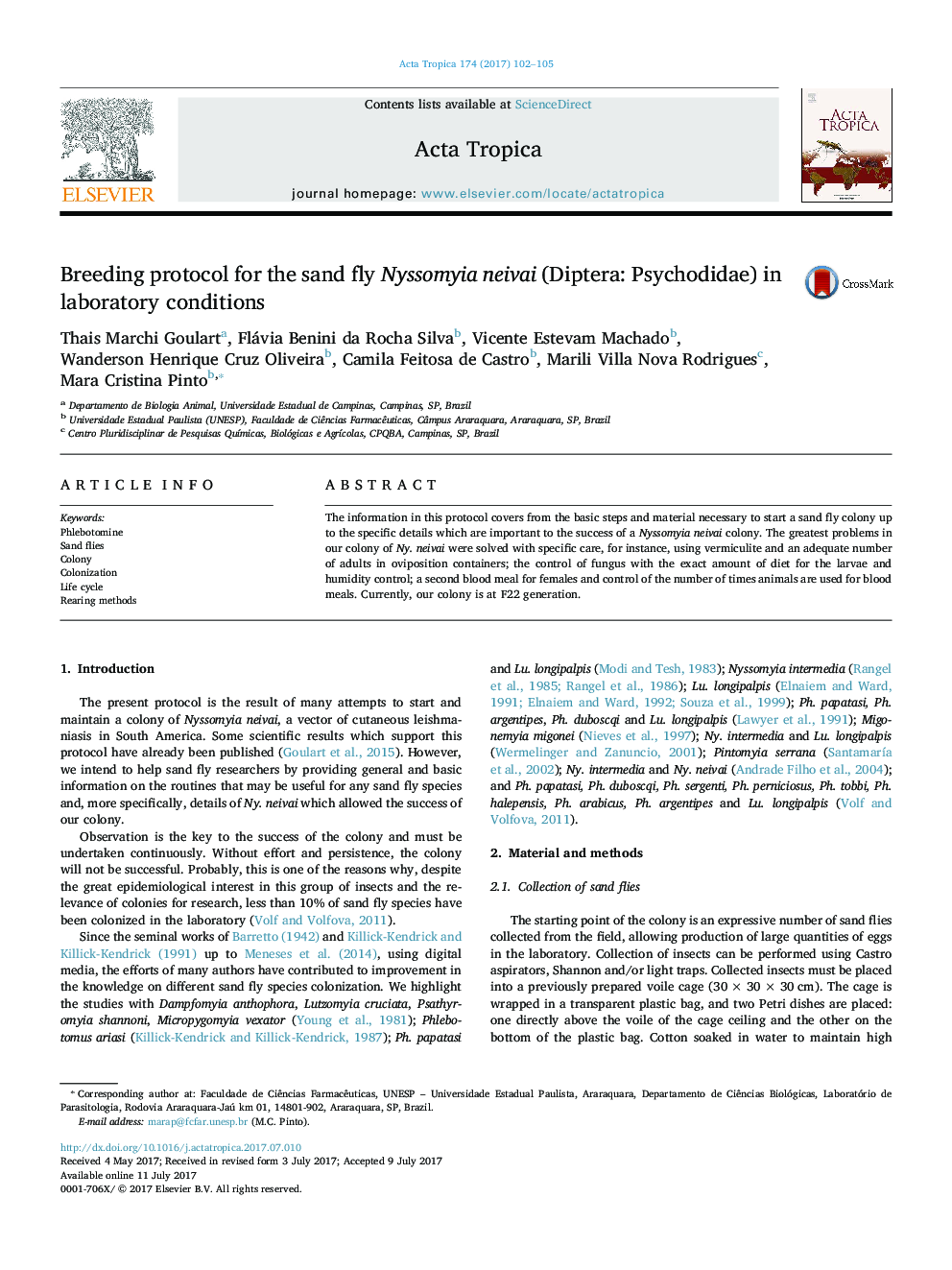 Breeding protocol for the sand fly Nyssomyia neivai (Diptera: Psychodidae) in laboratory conditions