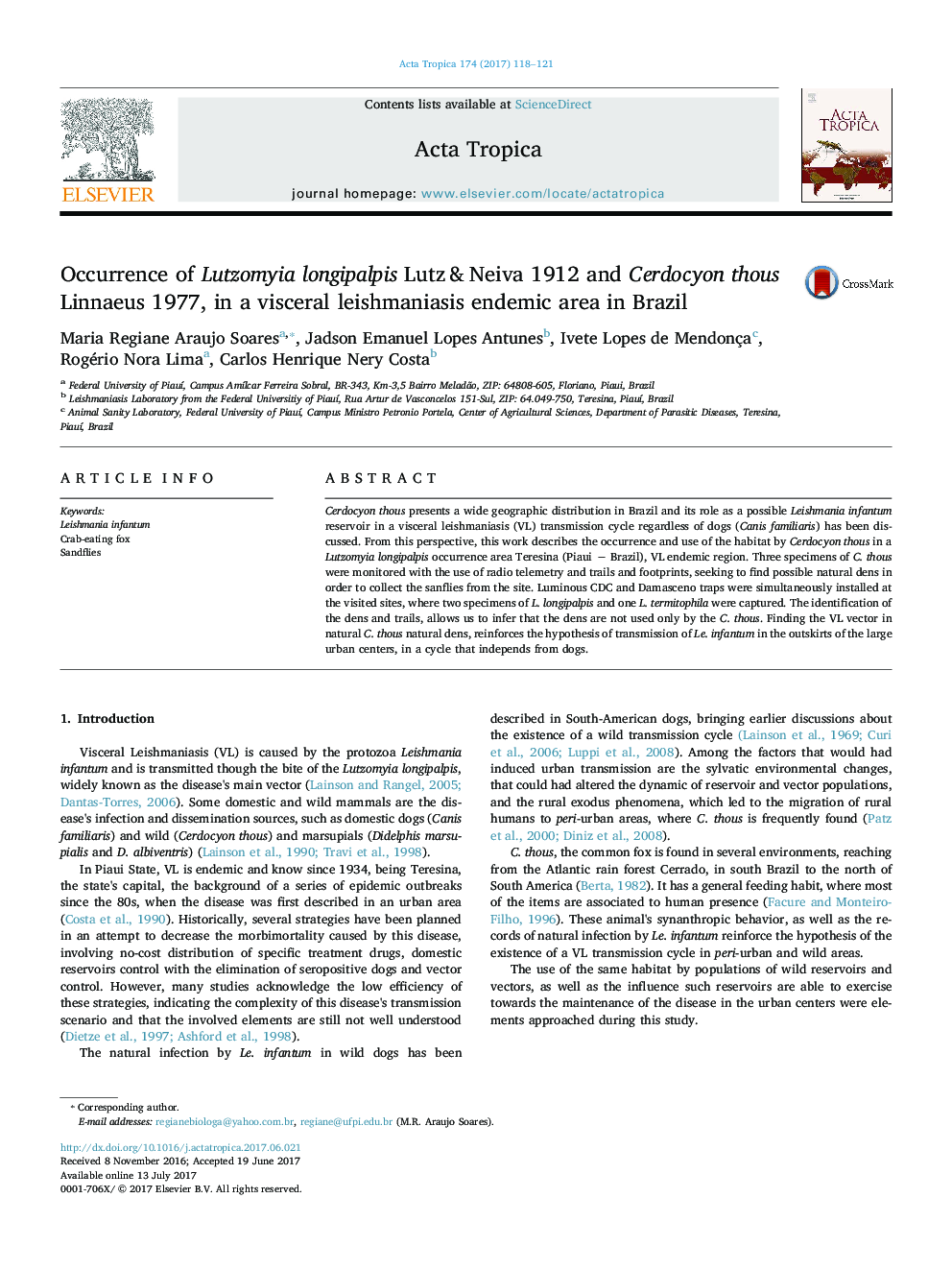 Occurrence of Lutzomyia longipalpis Lutz & Neiva 1912 and Cerdocyon thous Linnaeus 1977, in a visceral leishmaniasis endemic area in Brazil