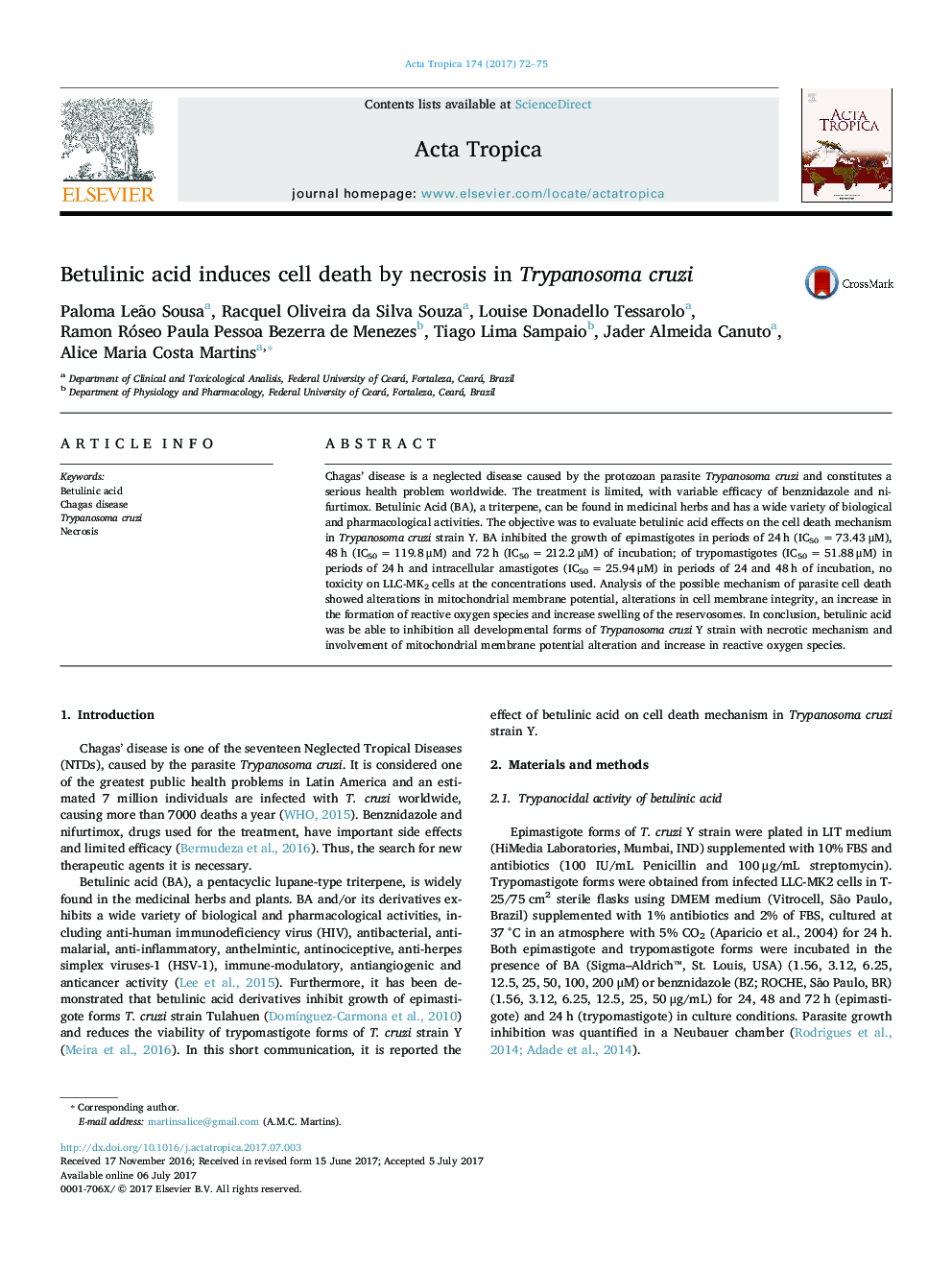 Betulinic acid induces cell death by necrosis in Trypanosoma cruzi