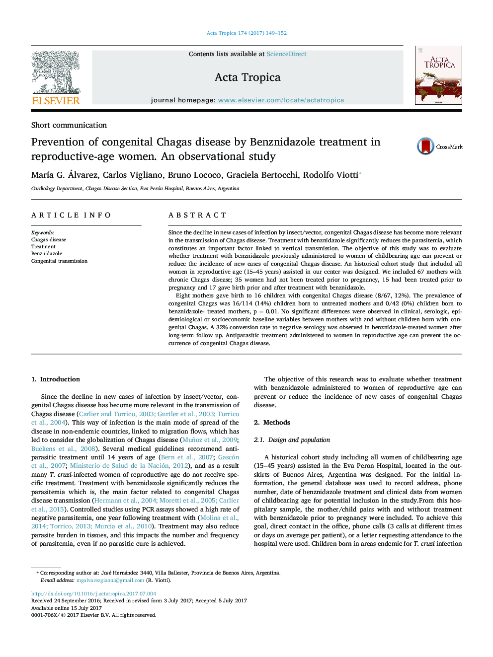 Prevention of congenital Chagas disease by Benznidazole treatment in reproductive-age women. An observational study