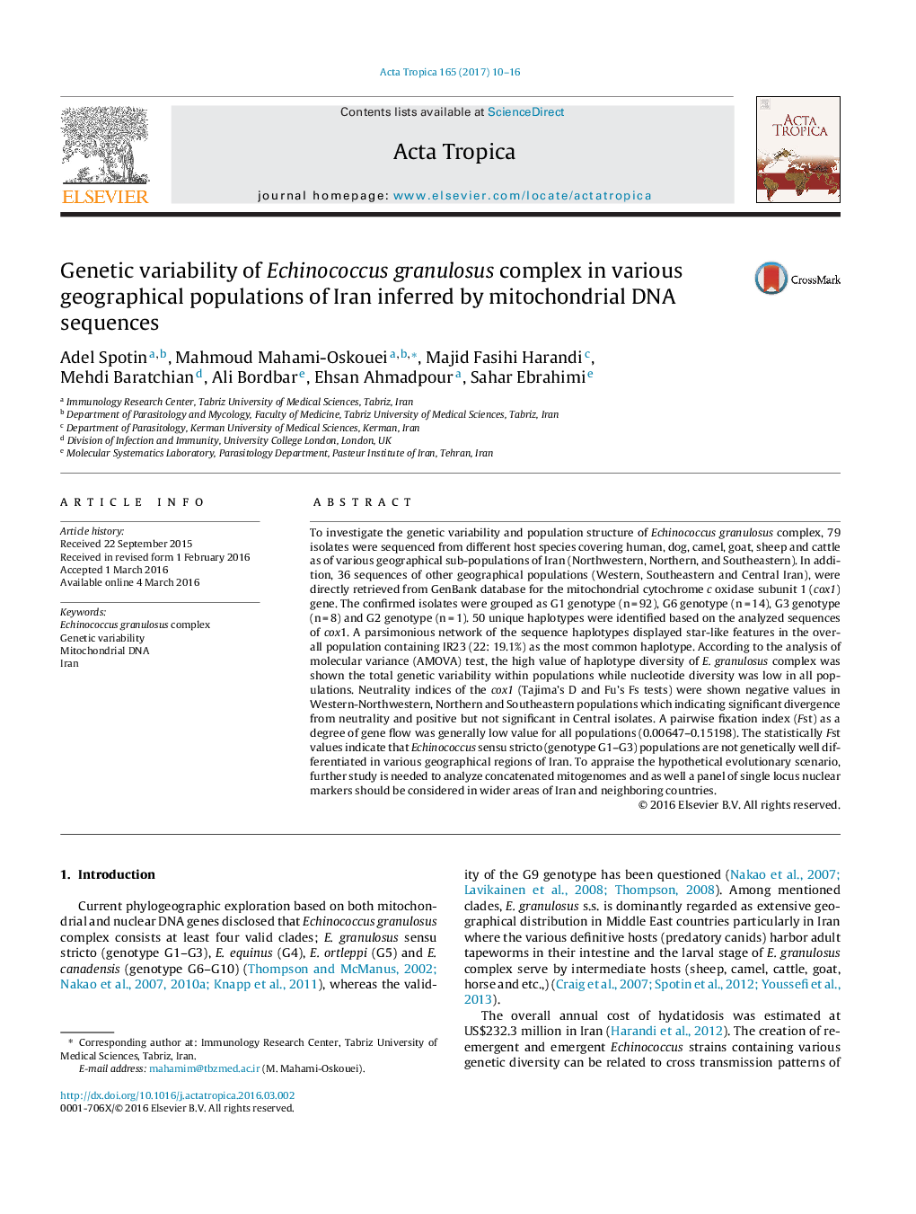 Genetic variability of Echinococcus granulosus complex in various geographical populations of Iran inferred by mitochondrial DNA sequences