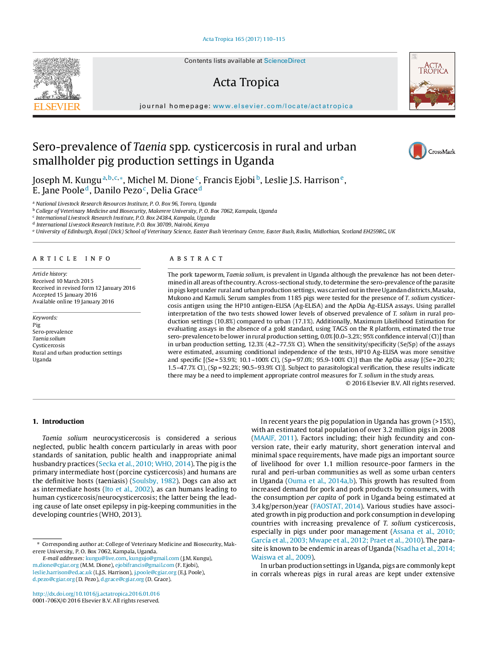 Sero-prevalence of Taenia spp. cysticercosis in rural and urban smallholder pig production settings in Uganda