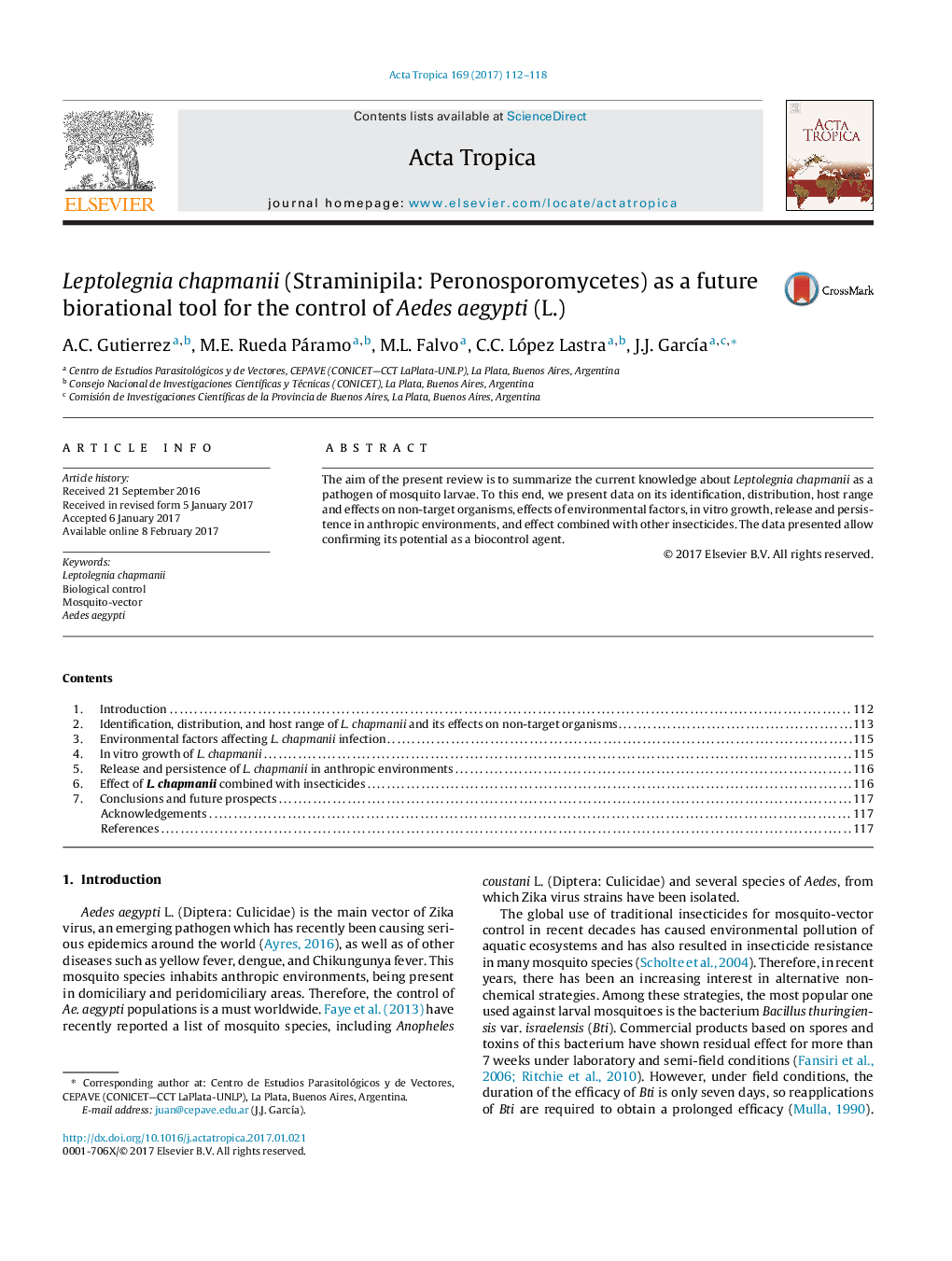 Leptolegnia chapmanii (Straminipila: Peronosporomycetes) as a future biorational tool for the control of Aedes aegypti (L.)