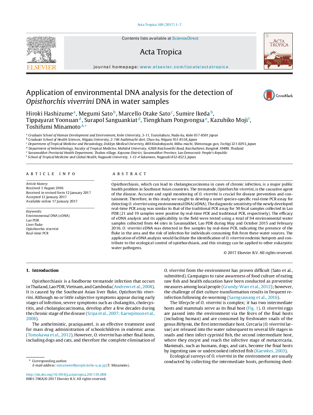 Application of environmental DNA analysis for the detection of Opisthorchis viverrini DNA in water samples