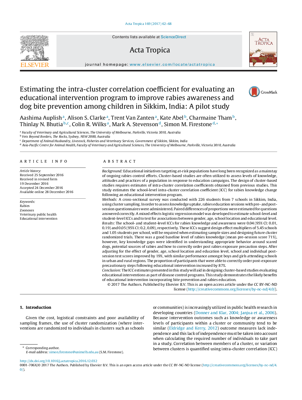 Estimating the intra-cluster correlation coefficient for evaluating an educational intervention program to improve rabies awareness and dog bite prevention among children in Sikkim, India: A pilot study