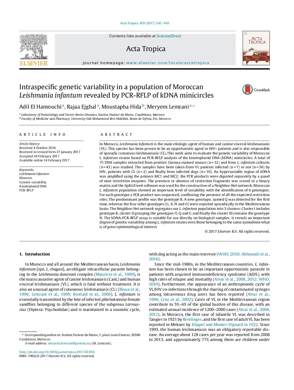 Intraspecific genetic variability in a population of Moroccan Leishmania infantum revealed by PCR-RFLP of kDNA minicircles