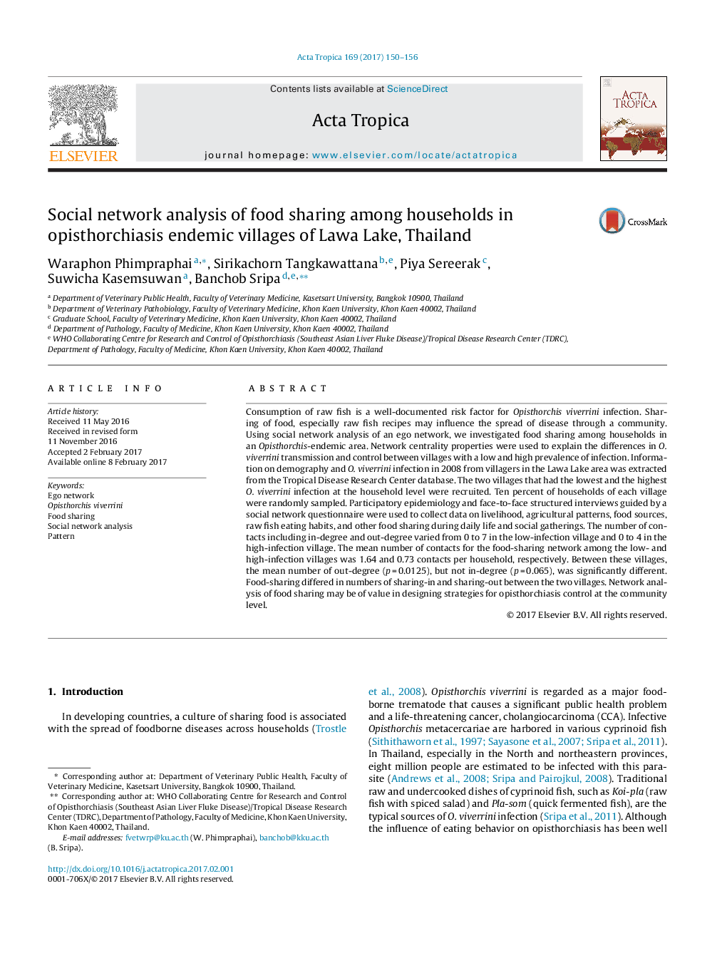 Social network analysis of food sharing among households in opisthorchiasis endemic villages of Lawa Lake, Thailand