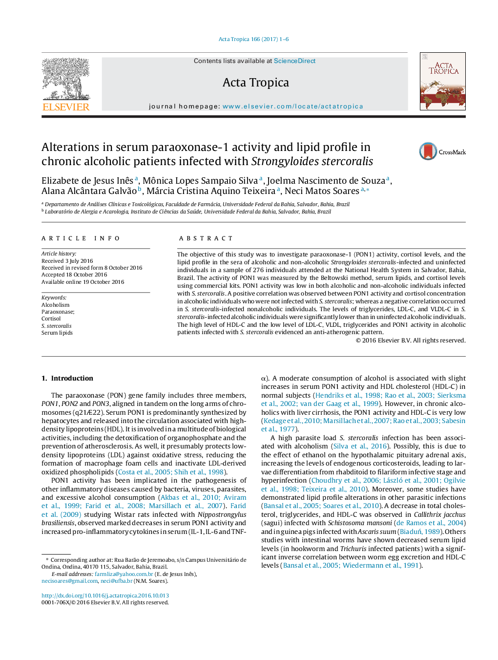 Alterations in serum paraoxonase-1 activity and lipid profile in chronic alcoholic patients infected with Strongyloides stercoralis