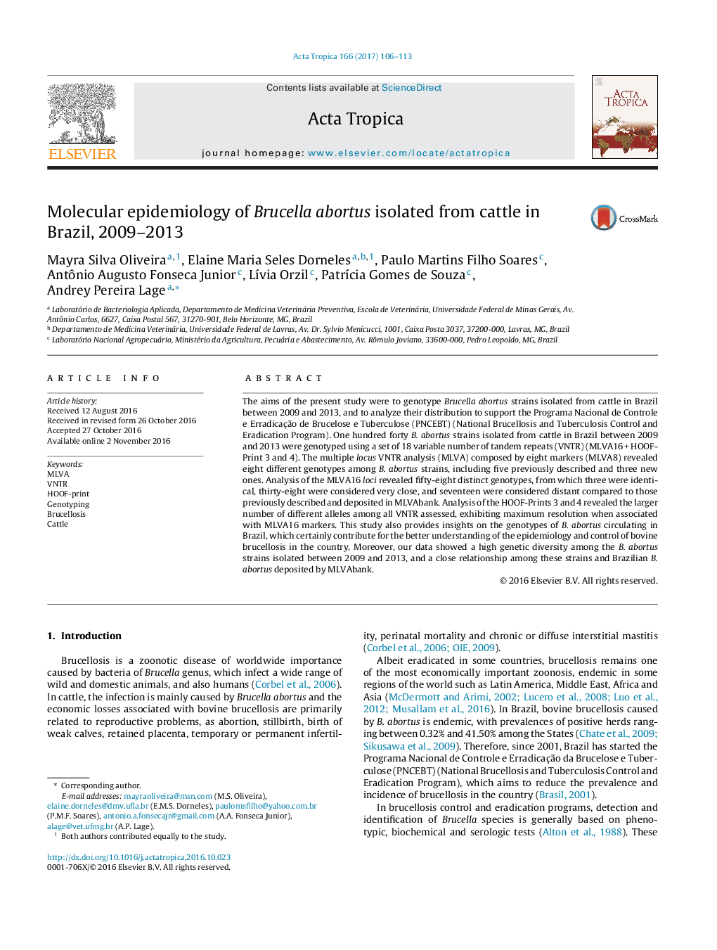 Molecular epidemiology of Brucella abortus isolated from cattle in Brazil, 2009-2013