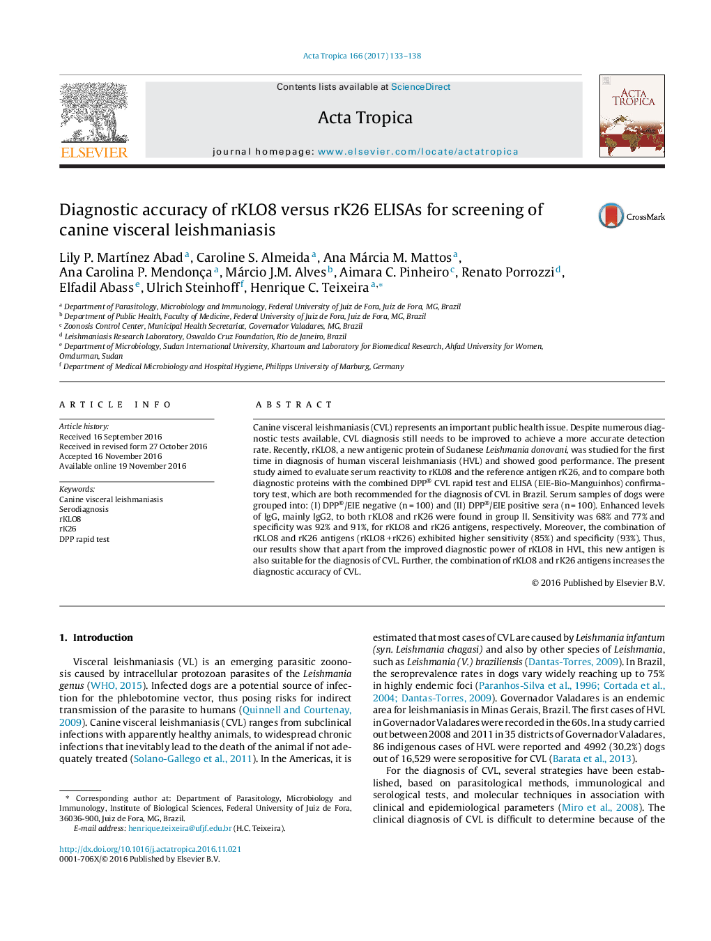 Diagnostic accuracy of rKLO8 versus rK26 ELISAs for screening of canine visceral leishmaniasis