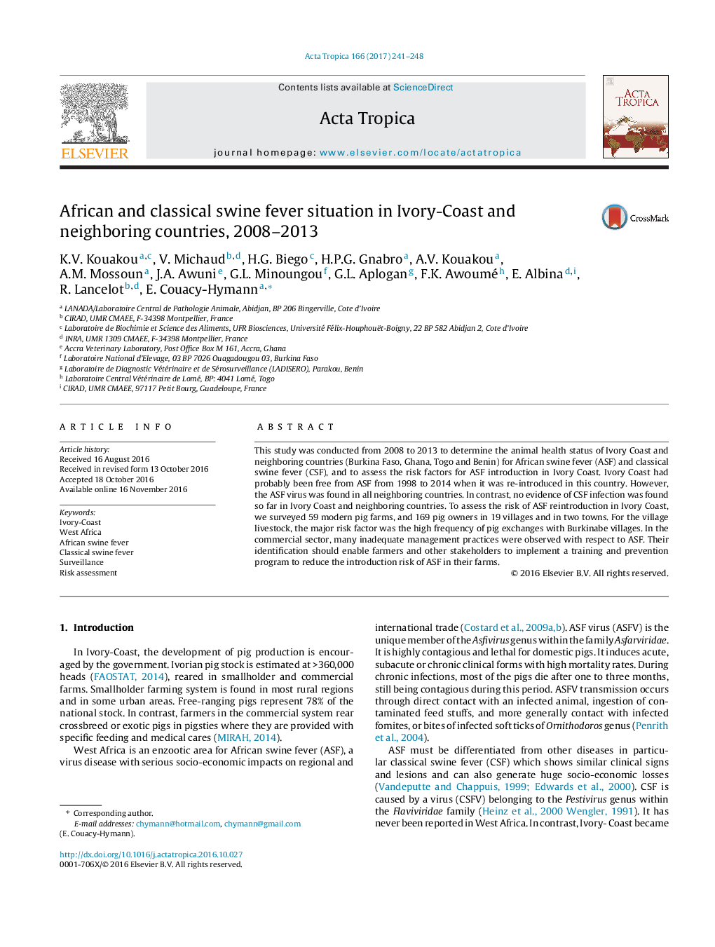 African and classical swine fever situation in Ivory-Coast and neighboring countries, 2008-2013