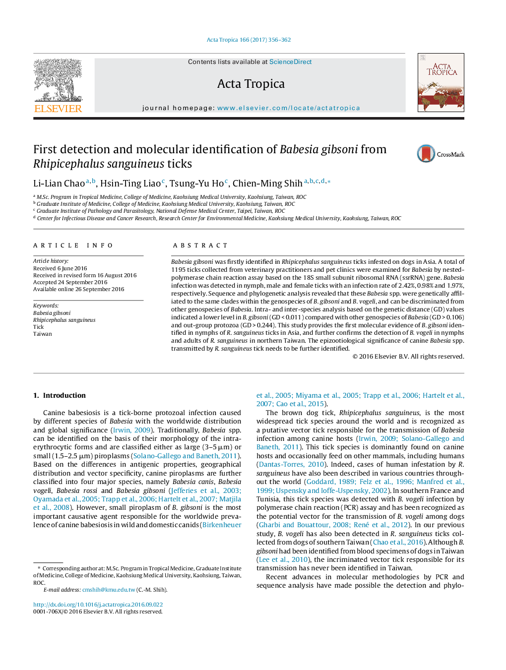 First detection and molecular identification of Babesia gibsoni from Rhipicephalus sanguineus ticks